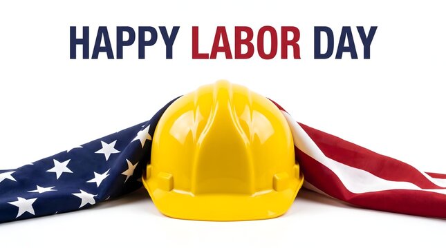Happy Labor Day Text with Yellow Hard Hat and American Flag on White Background, Construction Worker Holiday Concept