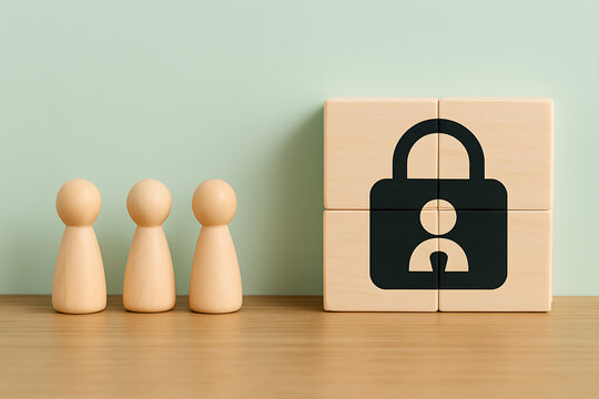 Wooden pawn figures and a cube with a padlock symbol on a surface