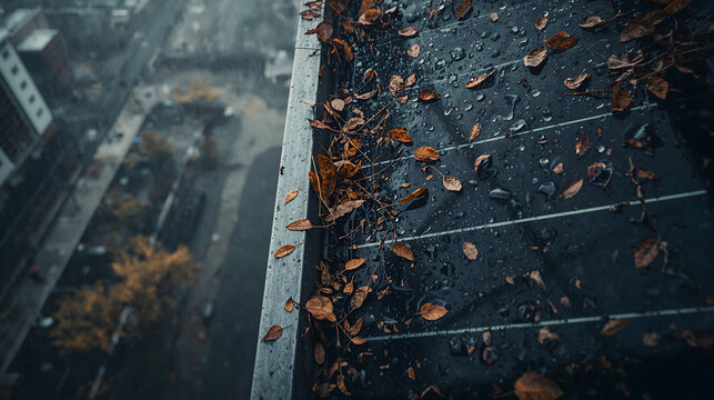 Balcony solar panel covered with wet autumn leaves and raindrops on grey day generative AI