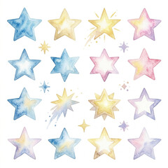 Obraz premium star, watercolor, clipart, pastel, hand-painted, illustration, set, collection, celestial, sky, space, night, cosmic, blue, yellow, pink, purple, lavender, gold, galaxy, shining, sparkle, twinkle, dec