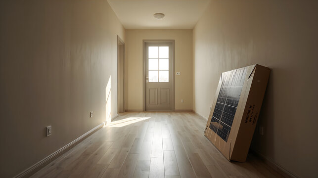 Flat cardboard package with solar panel leaning against wall in empty apartment hallway generative AI