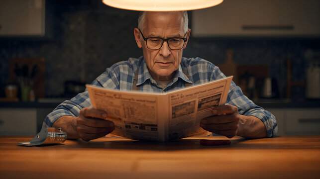 Older man with glasses studying solar installation manual at kitchen table with concentration generative AI