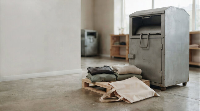 Textile take-back station in a wide asymmetric layout in a retail collection area with left-side copy space for responsible clothing collection