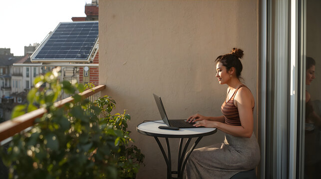 Woman working on laptop at balcony table with solar panel mounted behind her generative AI