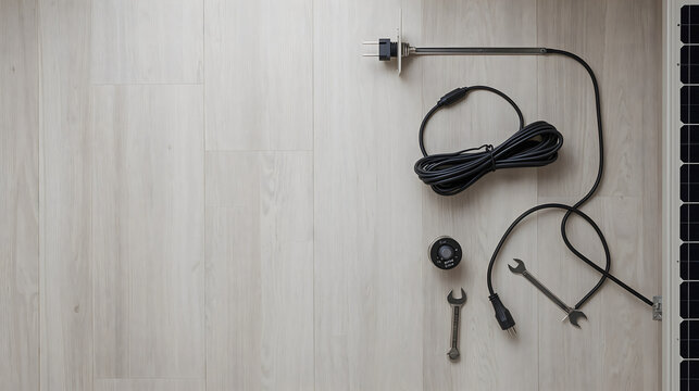 Solar panel bracket cables plug and tools arranged in tidy overhead flat lay generative AI