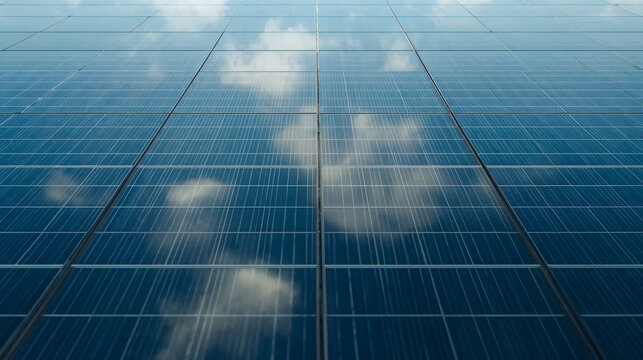 Blue solar cells reflecting soft white clouds on glass surface in abstract macro generative AI