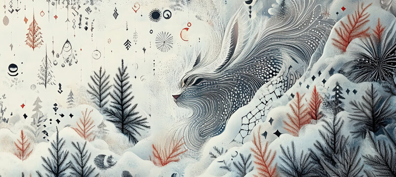 Surreal Winter Landscape with Flowing Feather Like Form, Red Leaves, Pine Trees, Snow and Dreamlike Fantasy Atmosphere