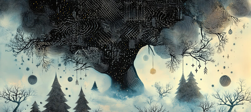 Mysterious Dark Wolf Silhouette Blended with Snowy Forest, Floating Shapes, Pine Trees and Atmospheric Fantasy Landscape