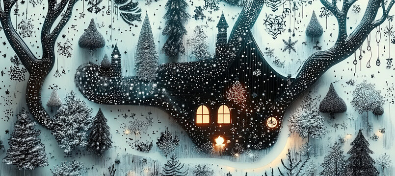 Enchanted Snowy Cabin Hidden in Dark Forest with Warm Glowing Windows, Twisted Trees and Magical Winter Atmosphere