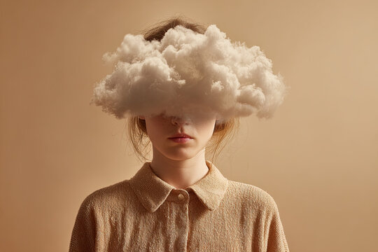 Woman head hidden by soft cloud , mental health, brain fog  