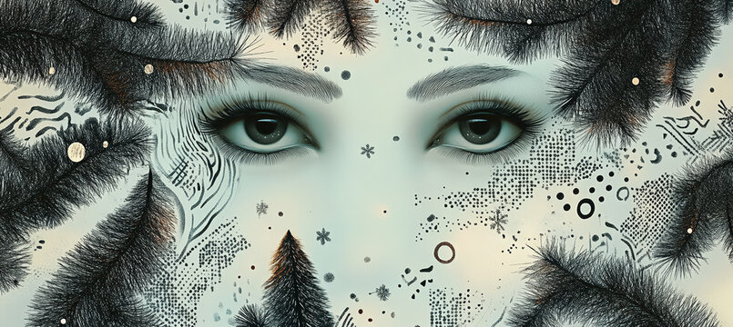 Surreal Female Face Surrounded by Winter Forest, Pine Branches, Floating Shapes and Elegant Mystical Fantasy Elements
