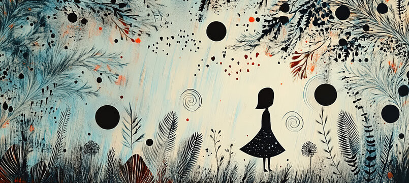 Elegant Woman in Dark Dress Standing in Enchanted Forest with Floating Circles, Snowflakes and Dreamlike Fantasy Landscape