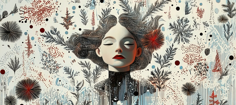Elegant Woman Portrait Surrounded by Red Flowers, Pine Branches, Snowflakes and Dreamlike Botanical Fantasy Elements