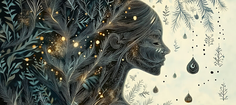 Surreal Forest Spirit Face Emerging from Dark Trees with Glowing Lights, Leaves, Falling Snow and Mystical Nature Atmosphere