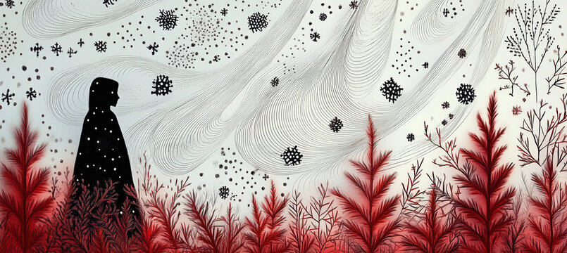 Hooded Woman in Red Cloak Standing in Snowy Landscape with Flowing Abstract Waves, Pine Trees and Dark Fantasy Elements