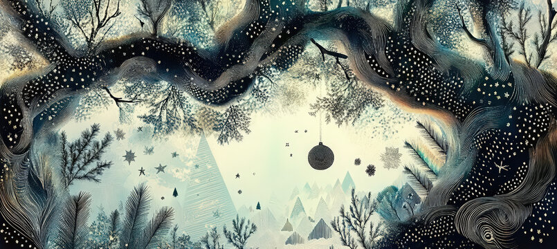 Mystical Forest Archway with Flowing Dark Branches, Snow Covered Trees, Floating Shapes and Enchanted Winter Atmosphere