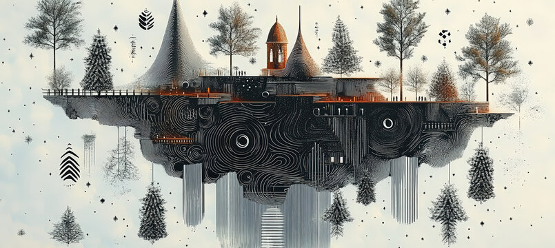 Floating Island with Pine Forest and Small Cabin Suspended Above Snowy Landscape, Surreal Fantasy Winter Scene