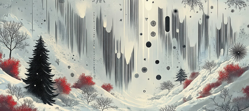 Abstract Snowy Forest with Tall Vertical Trees, Red Leaves, Falling Snow and Minimalist Winter Fantasy Landscape