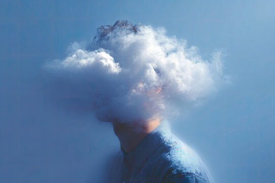 man head hidden by soft cloud on blue background, mental health, brain fog  