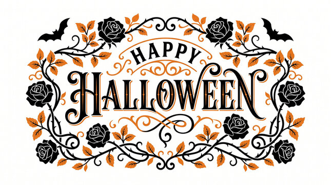 Happy Halloween text surrounded by ornate floral elements, bats, and roses, ideal for elegant seasonal decor and event invitations.