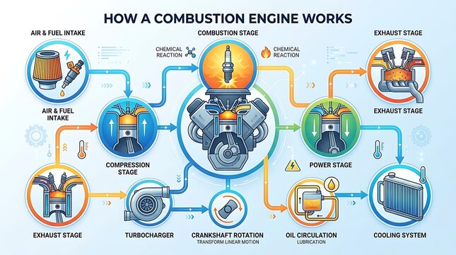 Detailed infographic of internal combustion engine stages