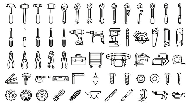 Large collection of hand drawn construction and repair tools isolated on a white background for design projects