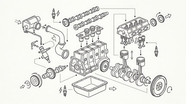 Detailed isometric schematic of car engine parts and assembly