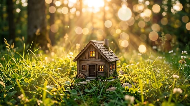 Miniature wooden house model placed on a lawn at sunset with bokeh light real estate miniature