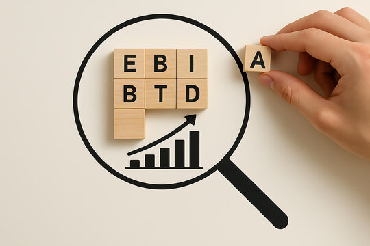 Wooden blocks spelling EBITDA with a magnifying glass and growth chart illustration cubes