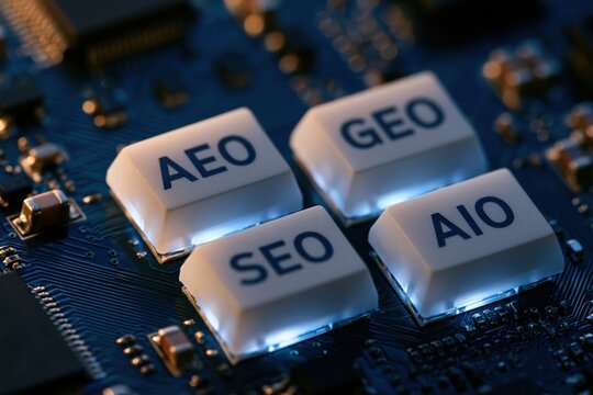 Macro view of illuminated keycaps with SEO, AEO, GEO, and AIO acronyms resting on a dark computer motherboard. This technology concept image is ideal for digital marketing and.
