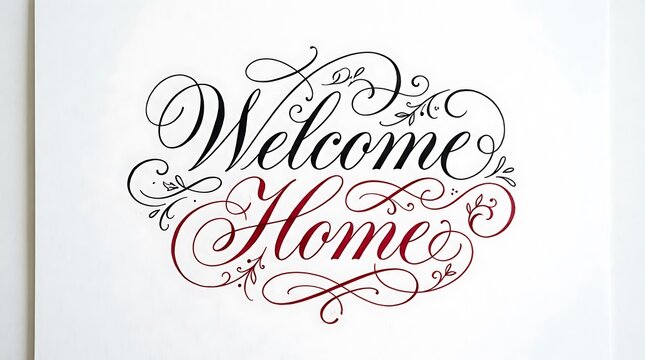 Elegant script calligraphy saying welcome home with decorative flourishes on white background