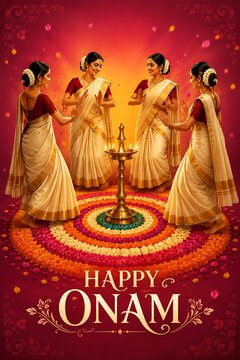Beautiful women performing traditional thiruvathira dance around a lit brass lamp for happy onam marking the lovely south indian festival in kerala