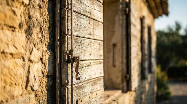 A wooden door stands open on a stone building in the countryside. The light is warm as it shines on the textures of the door and stone