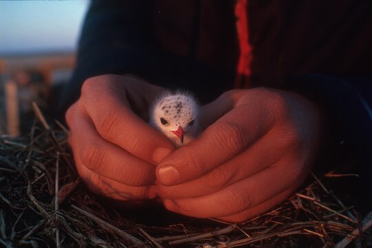 A person holds a small bird chick in hands close to its nest. The scene takes place outdoors during daytime