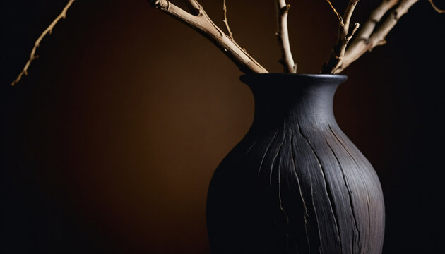 Minimalist dark ceramic vase with dry branches on warm dark background