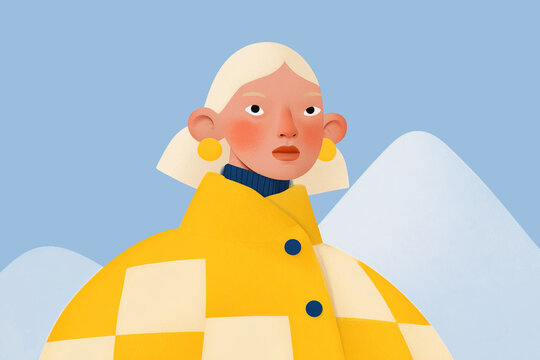Blonde woman in yellow coat with winter mountain backdrop