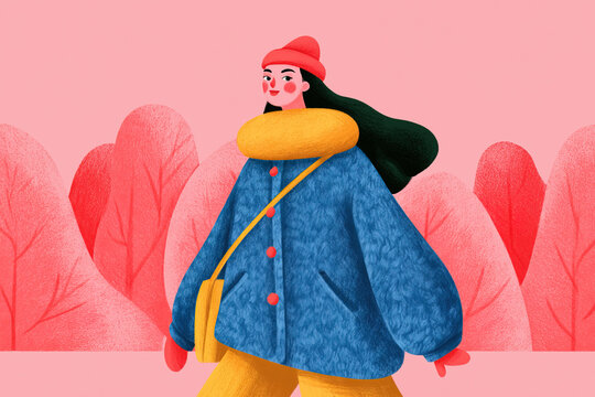 Woman in blue coat with scarf in winter landscape