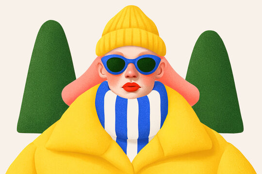 Woman in yellow coat with winter sunglasses and scarf