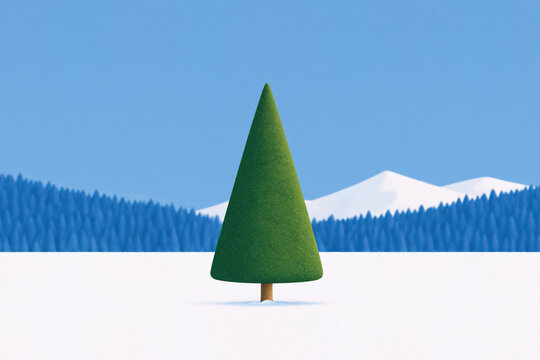 Solitary evergreen tree in a minimalist winter landscape