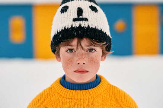 Young child in panda hat and yellow winter sweater