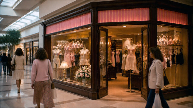 Elegant lingerie boutique storefront in a luxury shopping mall attracting customers with stylish window displays