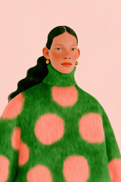 Woman in green polka dot faux fur winter fashion portrait