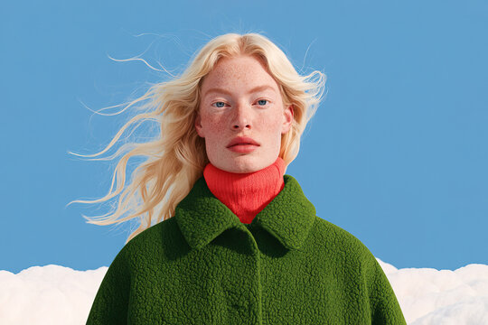 Blonde woman in green coat against winter sky