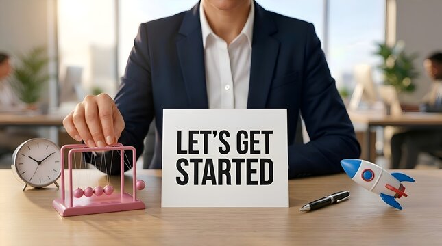 Let's Get Started Business Concept with Professional Holding Sign Representing New Project Launch, Motivation and Career Opportunity