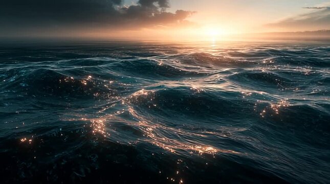 Vast calm ocean where transparent waves contain floating thoughts, glowing symbols, forgotten dreams and drifting ideas beneath the surface. Surreal cinematic scene symbolizing the collective humani