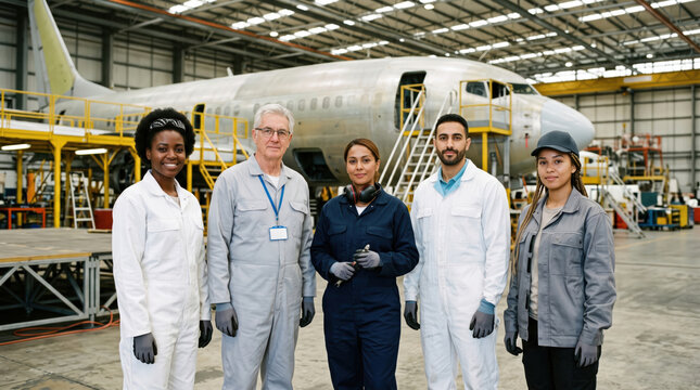 Diverse aircraft maintenance team in industrial hangar