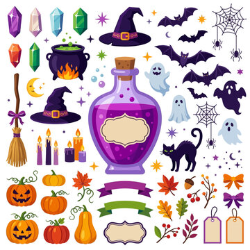 Halloween magic elements set, witch brew, purple potion cauldron, broom, pumpkin, bats, ghosts, spider, crystals, autumn leaves isolated on Transparent Background Halloween editable eps