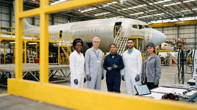 Diverse aerospace team in aircraft manufacturing facility