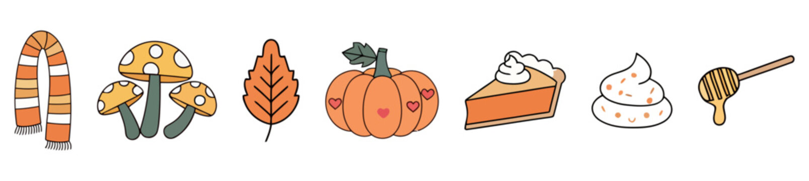 Colorful autumn themed illustrations of seasonal food and nature elements