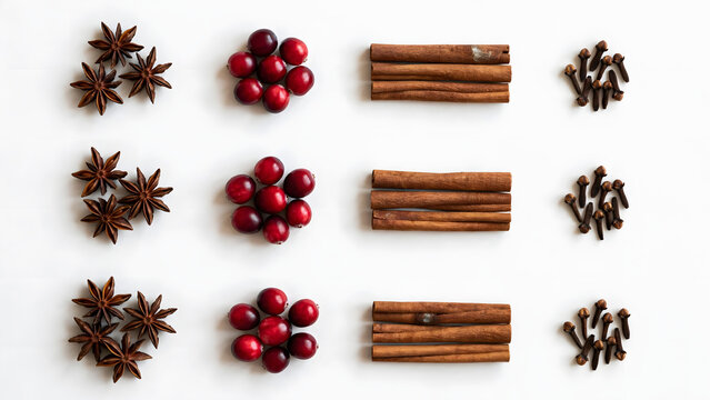 Aromatic Spices Arranged: A visually pleasing arrangement of star anise, fresh cranberries, cinnamon sticks, and cloves, meticulously organized in rows, suggesting culinary delight and festive warmth.
